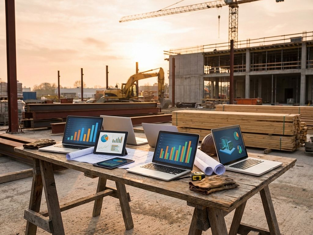 Bouwplaats met digitale tablets en laptops die data-dashboards tonen op houten tafel, omringd door bouwmateriaal