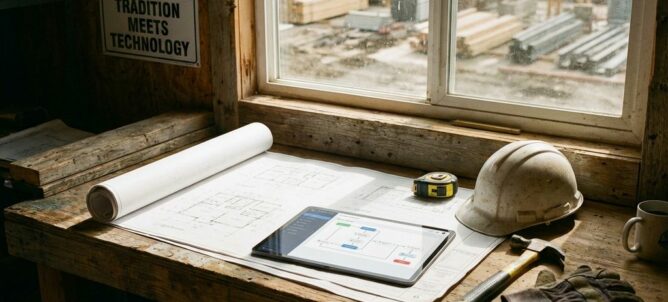 Bouwplaats bureau met architecturale blauwdrukken, tablet met digitale workflows en gereedschap in natuurlijk licht