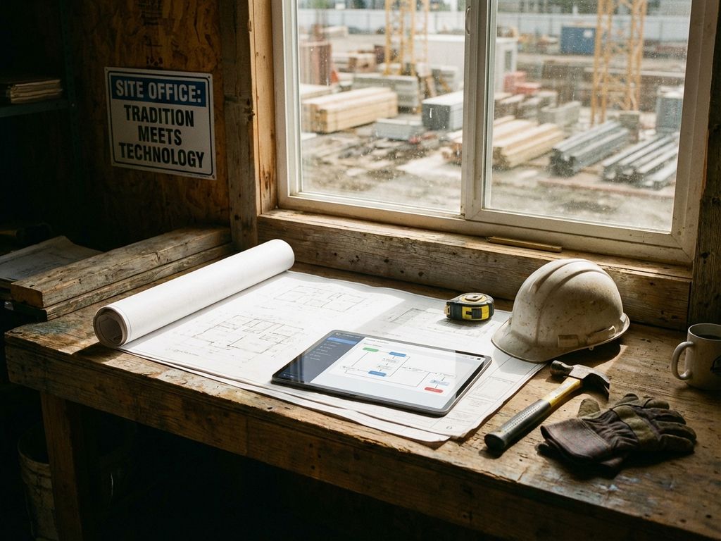 Bouwplaats bureau met architecturale blauwdrukken, tablet met digitale workflows en gereedschap in natuurlijk licht