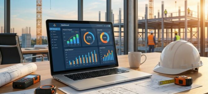Laptop met automatisering dashboard op moderne bouwplaats kantoor met blauwdrukken en helm op houten bureau