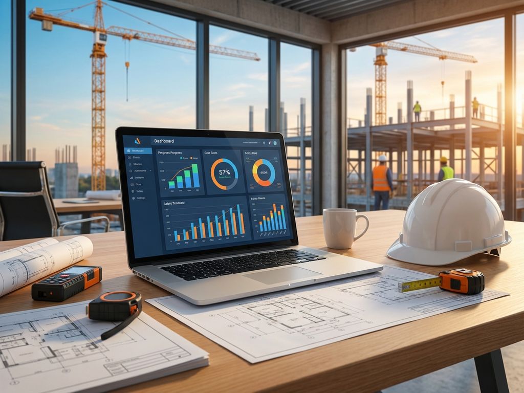 Laptop met automatisering dashboard op moderne bouwplaats kantoor met blauwdrukken en helm op houten bureau