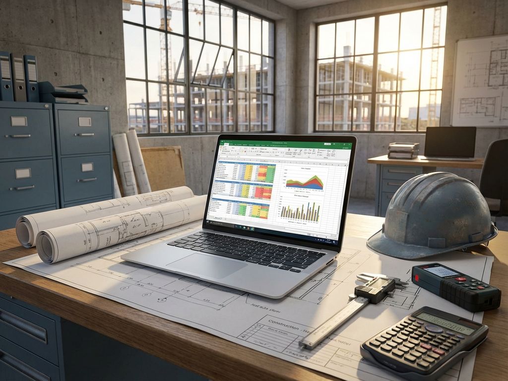 Laptop met spreadsheets op bouwplaats bureau naast blauwdrukken, rekenmachine en helm in natuurlijk licht