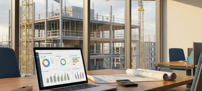 Moderne bouwplaats kantoor met laptop met kostenanalyse grafieken, blauwdrukken en gereedschap op bureau, bouwkraan zichtbaar
