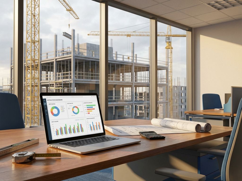 Moderne bouwplaats kantoor met laptop met kostenanalyse grafieken, blauwdrukken en gereedschap op bureau, bouwkraan zichtbaar