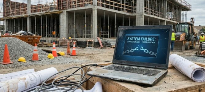 Verlaten laptop met foutmeldingen op bouwplaats met betonstructuur, blauwdrukken en oranje helmen zichtbaar