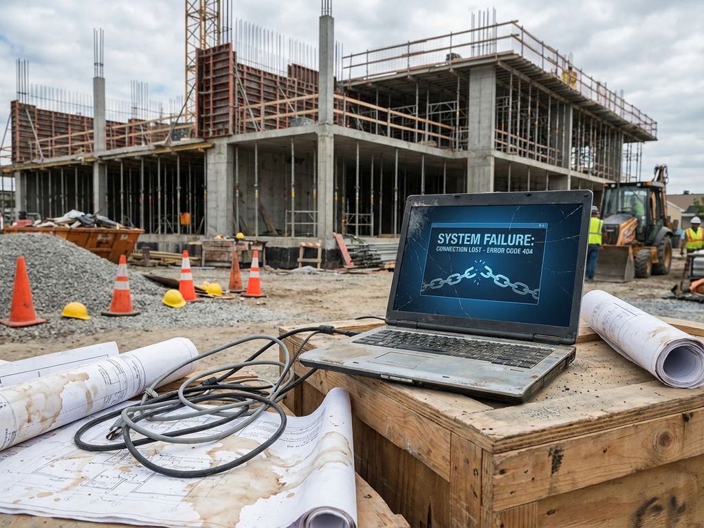 Verlaten laptop met foutmeldingen op bouwplaats met betonstructuur, blauwdrukken en oranje helmen zichtbaar