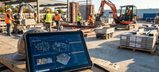 Tablet met bouwplannen op moderne bouwplaats met geautomatiseerde machines en bouwvakkers in warme verlichting