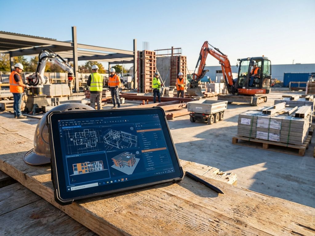 Tablet met bouwplannen op moderne bouwplaats met geautomatiseerde machines en bouwvakkers in warme verlichting