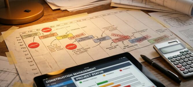 Projecttijdlijn grafiek met rode waarschuwingsindicatoren en tablet met dashboards, calculator en pen op bureau