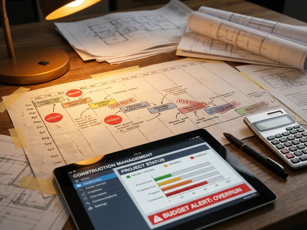 Projecttijdlijn grafiek met rode waarschuwingsindicatoren en tablet met dashboards, calculator en pen op bureau