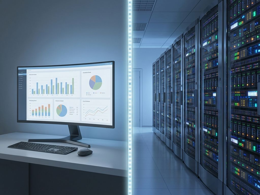 Gesplitst scherm toont datavisualisatie dashboard links en server racks rechts in moderne kantooromgeving