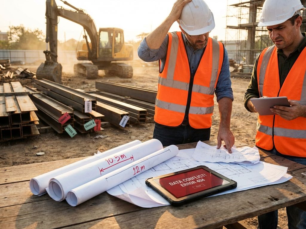 Bouwplaats met verwarde arbeiders die inconsistente blauwdrukken en foutmeldingen op tablet bekijken bij modern gebouwproject