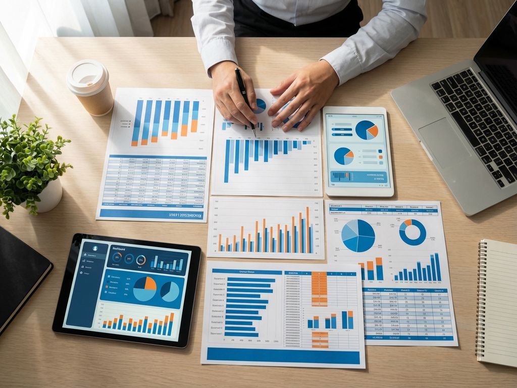 Bovenaanzicht van georganiseerd bureau met kleurrijke grafieken, spreadsheets en tablets met dashboards voor data-analyse