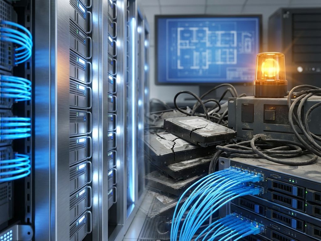 Moderne dataservers met blauwe LED-verlichting contrasteren met kapotte harde schijven en verwarde kabels op achtergrond