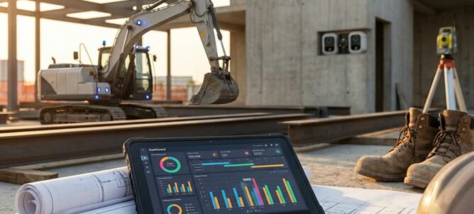 Tablet met data-dashboards op bouwplannen bij geautomatiseerde bouwplaats met slimme machines en sensoren