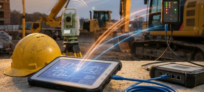 Tablet met bouwplannen naast helm, verbonden met moderne bouwmachines via digitale netwerken en sensoren