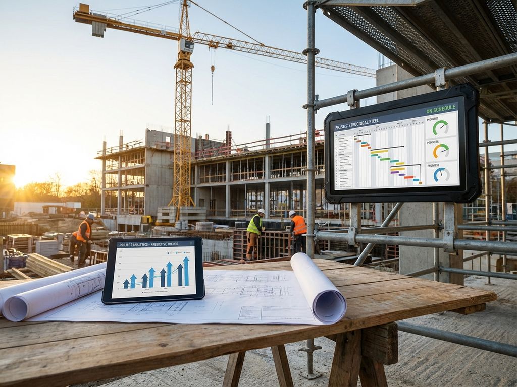 Moderne bouwplaats met digitaal dashboard op steiger, blauwdrukken en tablet met analytics op tafel, kranen op achtergrond
