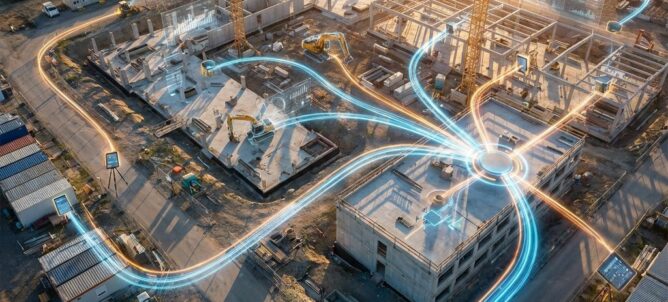 Luchtfoto van moderne bouwplaats met gloeiende digitale datastromen die bouwapparatuur en systemen verbinden