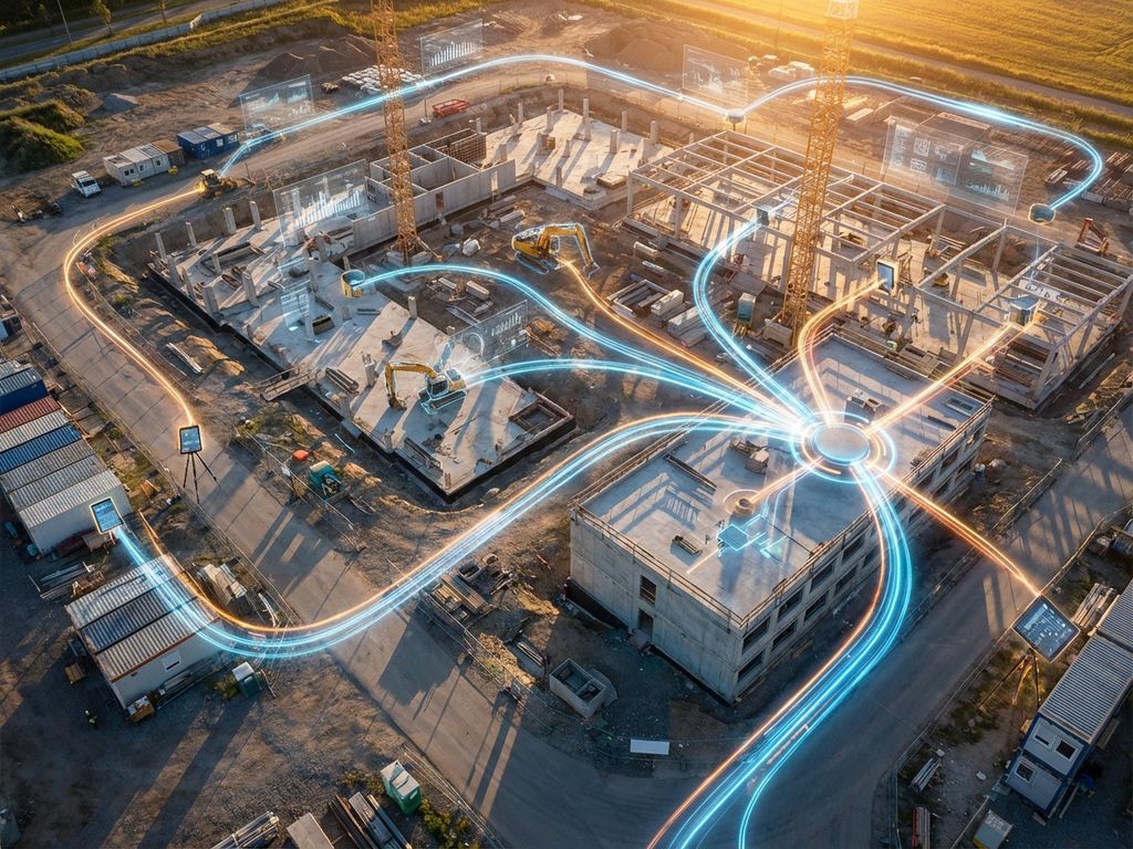 Luchtfoto van moderne bouwplaats met gloeiende digitale datastromen die bouwapparatuur en systemen verbinden