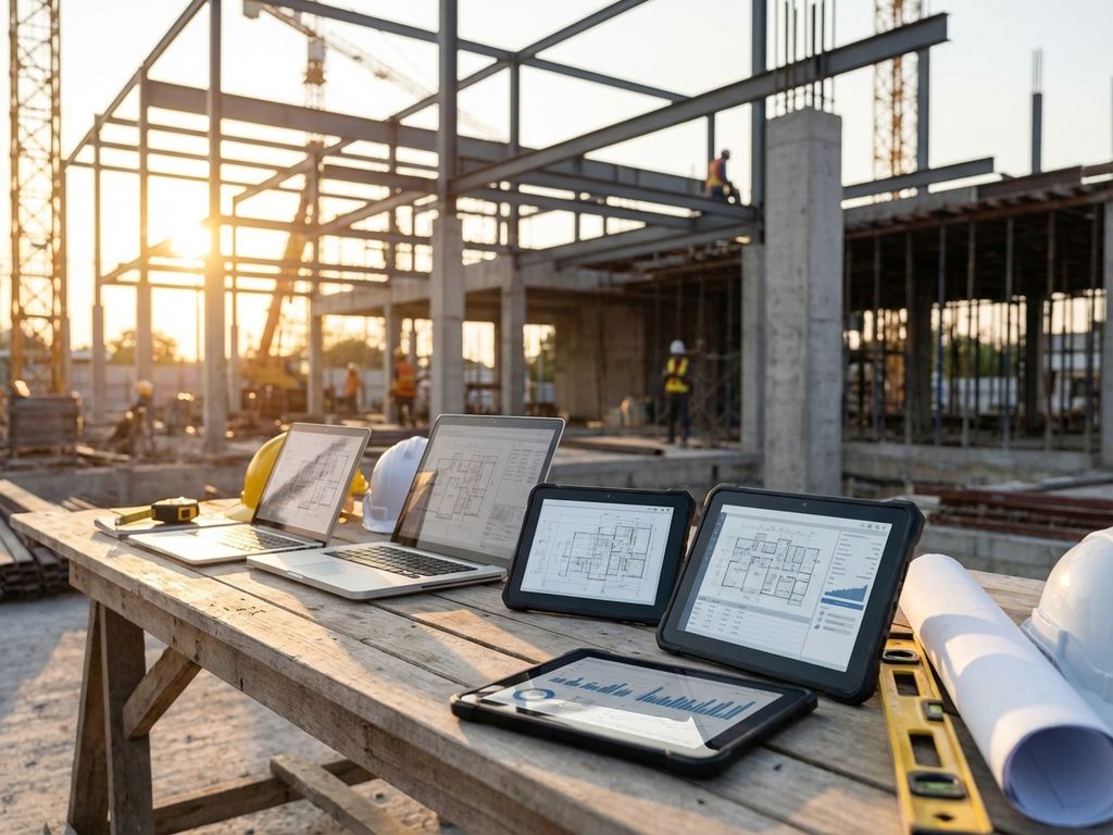 Digitale tablets en laptops met bouwplannen op constructietafel met helmen en gereedschap op bouwplaats