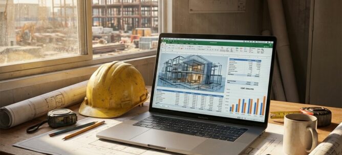 Laptop met digitale bouwplannen op bureau met papieren tekeningen, helm en rekenmachine in kantoor bouwplaats
