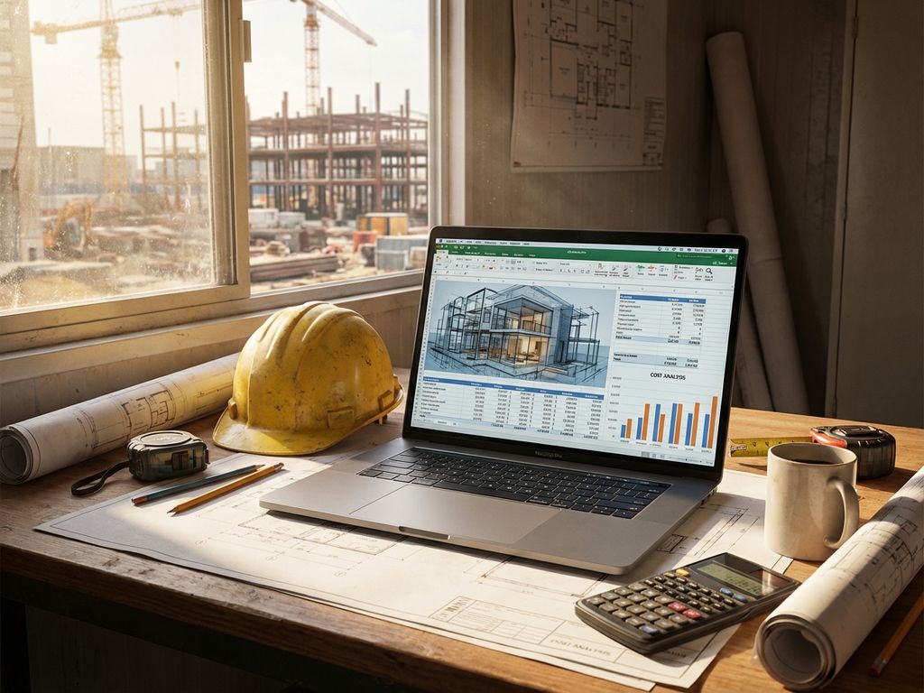 Laptop met digitale bouwplannen op bureau met papieren tekeningen, helm en rekenmachine in kantoor bouwplaats