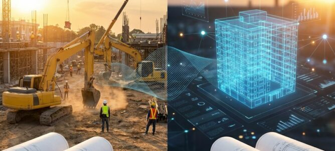 Bouwplaats met machines en arbeiders overgaand naar digitale holografische weergave van hetzelfde bouwproject met wireframes
