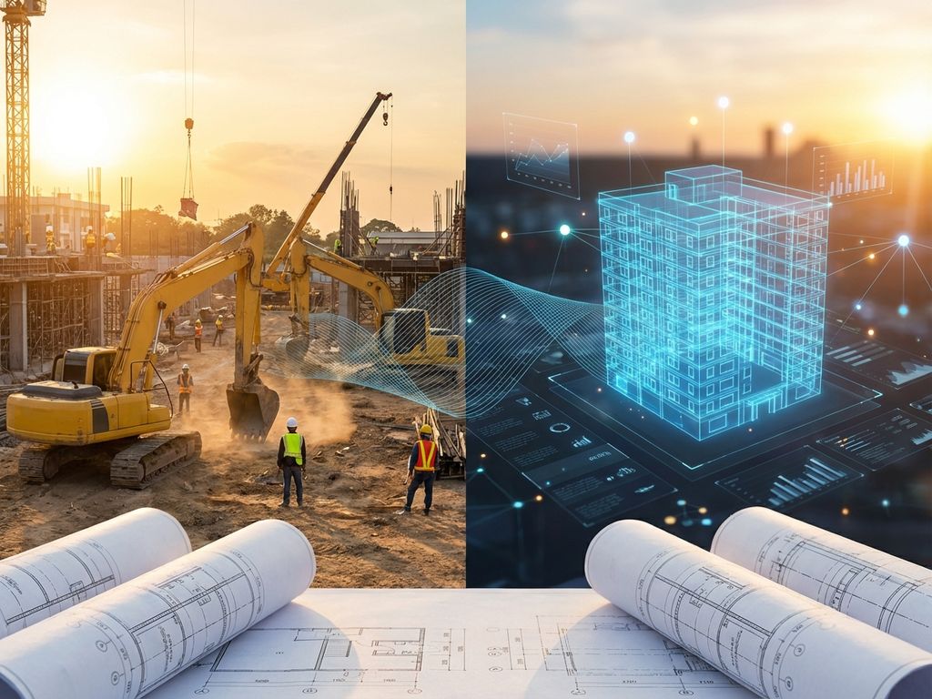 Bouwplaats met machines en arbeiders overgaand naar digitale holografische weergave van hetzelfde bouwproject met wireframes