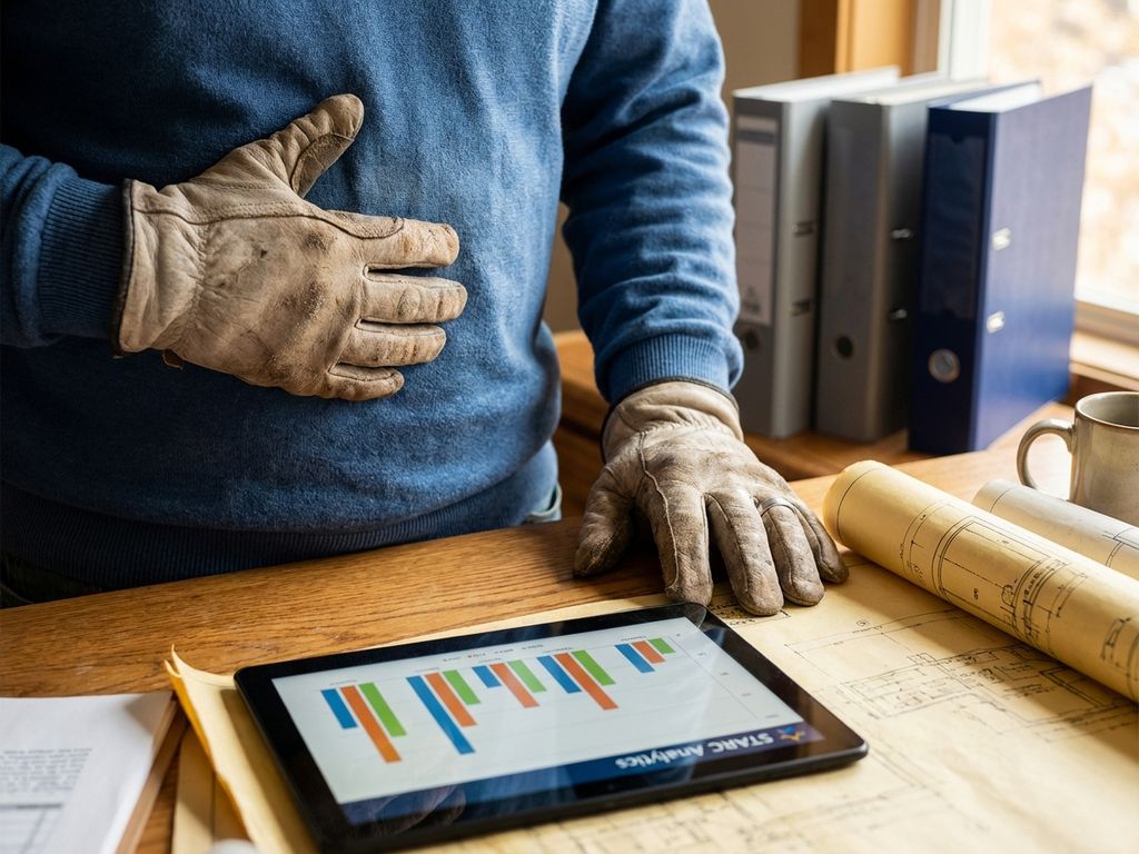Verweerde handen boven houten bureau met bouwplannen en tablet met datagrafieken in professionele kantooromgeving