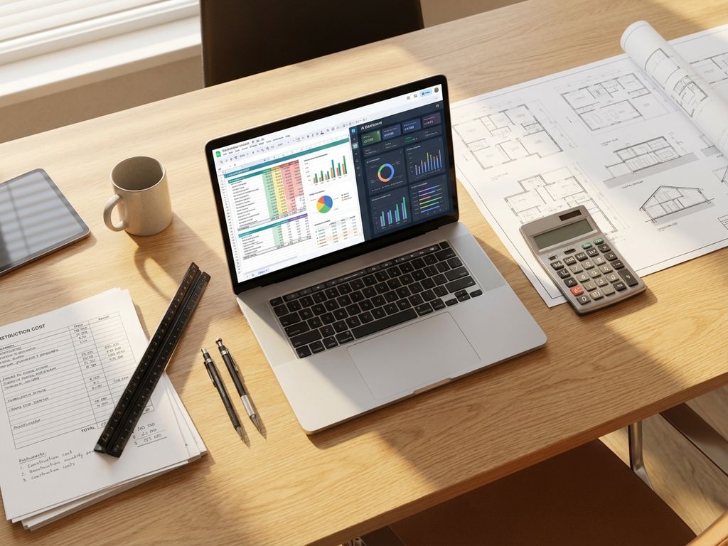 Moderne bureauopstelling met laptop met budgetspreadsheets, rekenmachine, bouwplannen en kostendocumenten op houten bureau