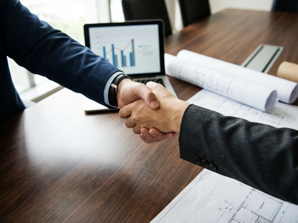 Zakelijke handdruk boven houten conferentietafel met laptop, grafieken en technische documenten op achtergrond