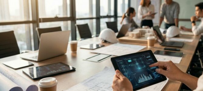 Handen op tablet met workflow-diagrammen aan vergadertafel met laptops, blauwdrukken en bouwhelmen in modern kantoor