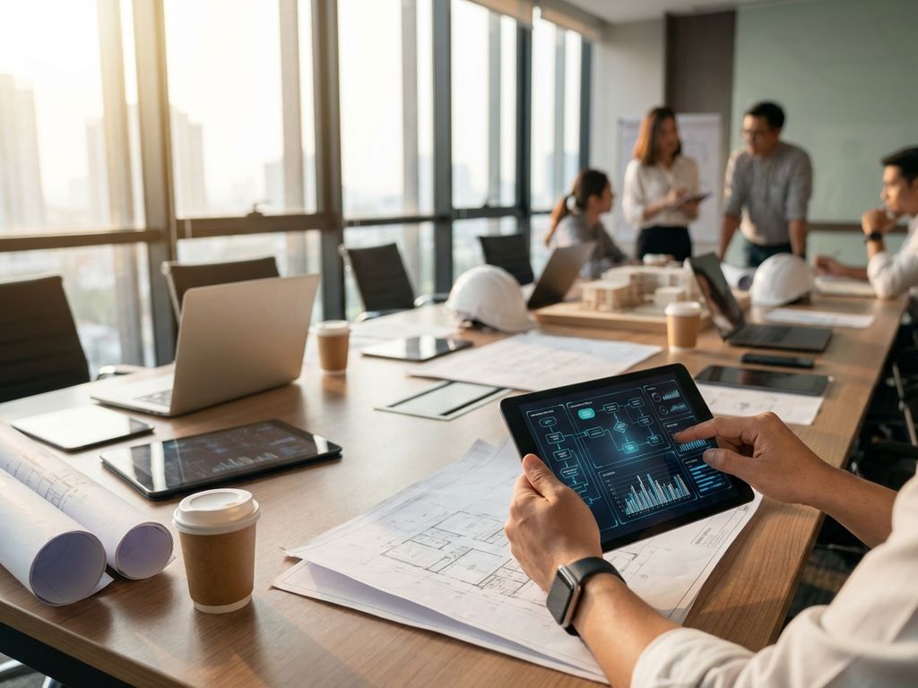 Handen op tablet met workflow-diagrammen aan vergadertafel met laptops, blauwdrukken en bouwhelmen in modern kantoor