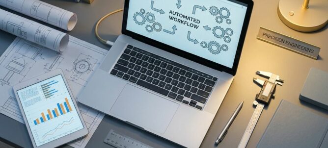 Laptop met geautomatiseerde workflow diagrammen op modern bureau met blauwdrukken, tablet en meetinstrumenten