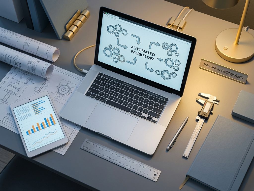 Laptop met geautomatiseerde workflow diagrammen op modern bureau met blauwdrukken, tablet en meetinstrumenten