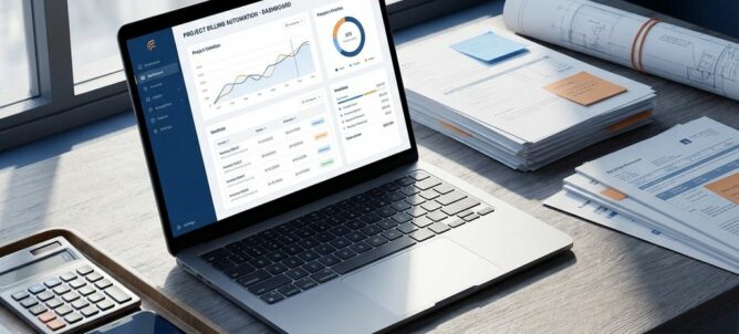 Laptop met factuur dashboard op modern bureau met rekenmachine, smartphone en projectdocumenten in natuurlijk licht