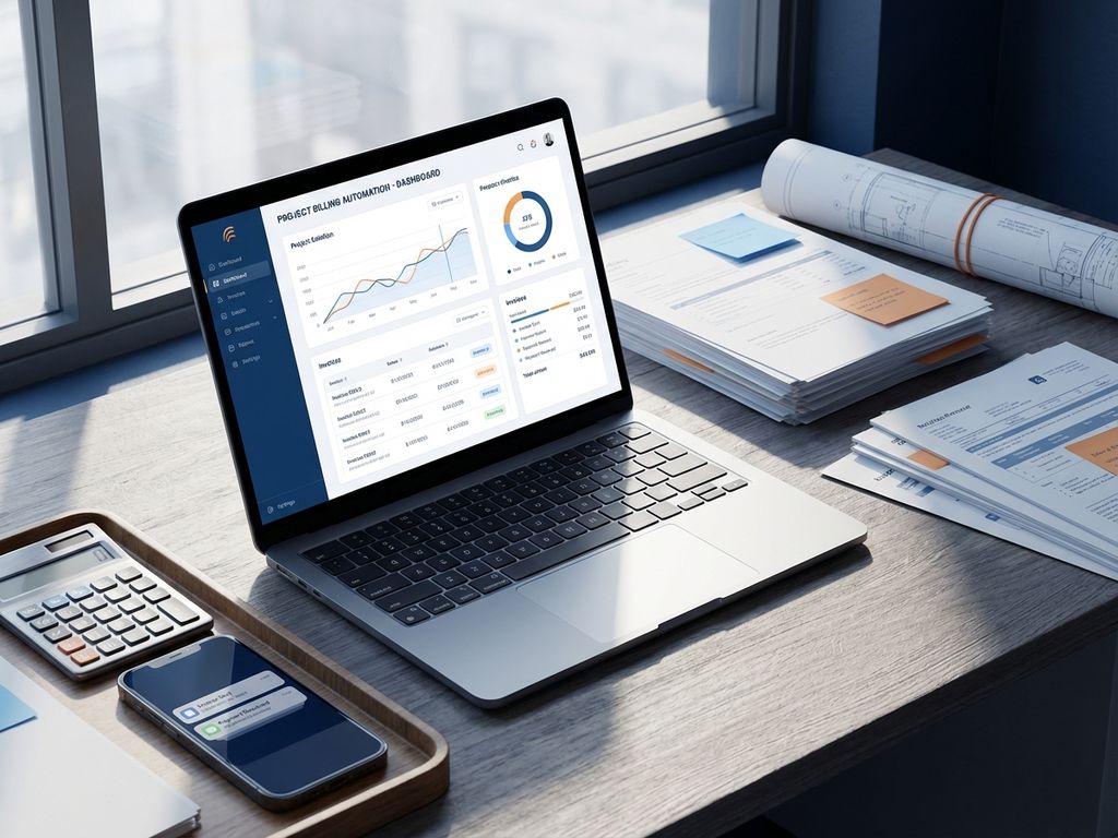 Laptop met factuur dashboard op modern bureau met rekenmachine, smartphone en projectdocumenten in natuurlijk licht