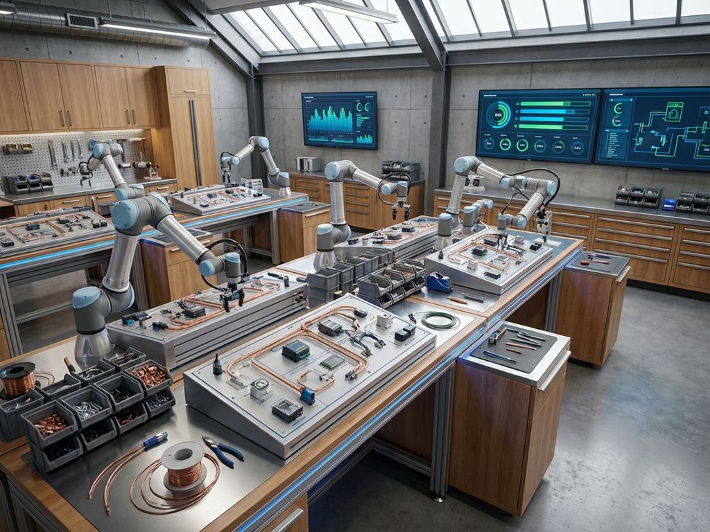 Geautomatiseerde robotarmen assembleren HVAC-componenten in moderne installatiewerkplaats met digitale dashboards