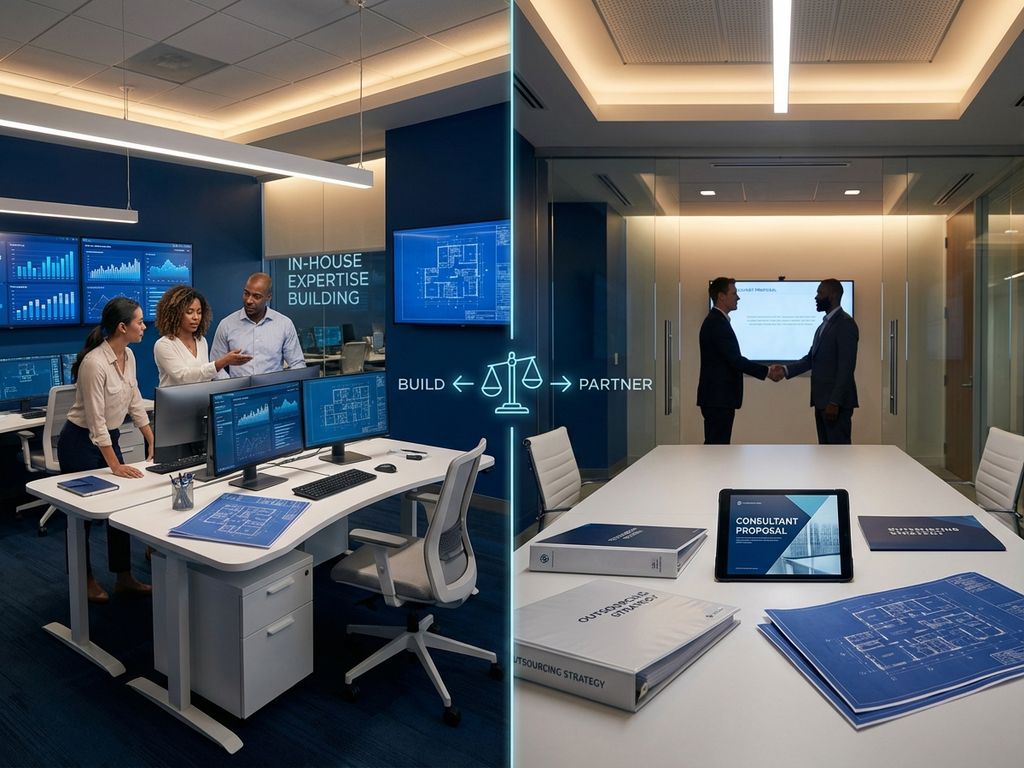 Split-screen kantooromgeving toont interne samenwerking links versus externe consultancy rechts met weegschaal in centrum