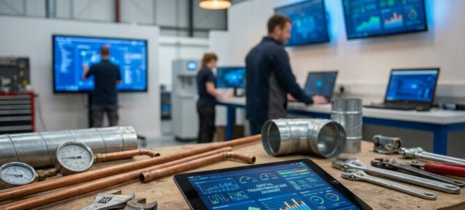 Moderne installatieworkplaats met leidingen, HVAC-onderdelen en tablet met digitale dashboards en blauwdrukken