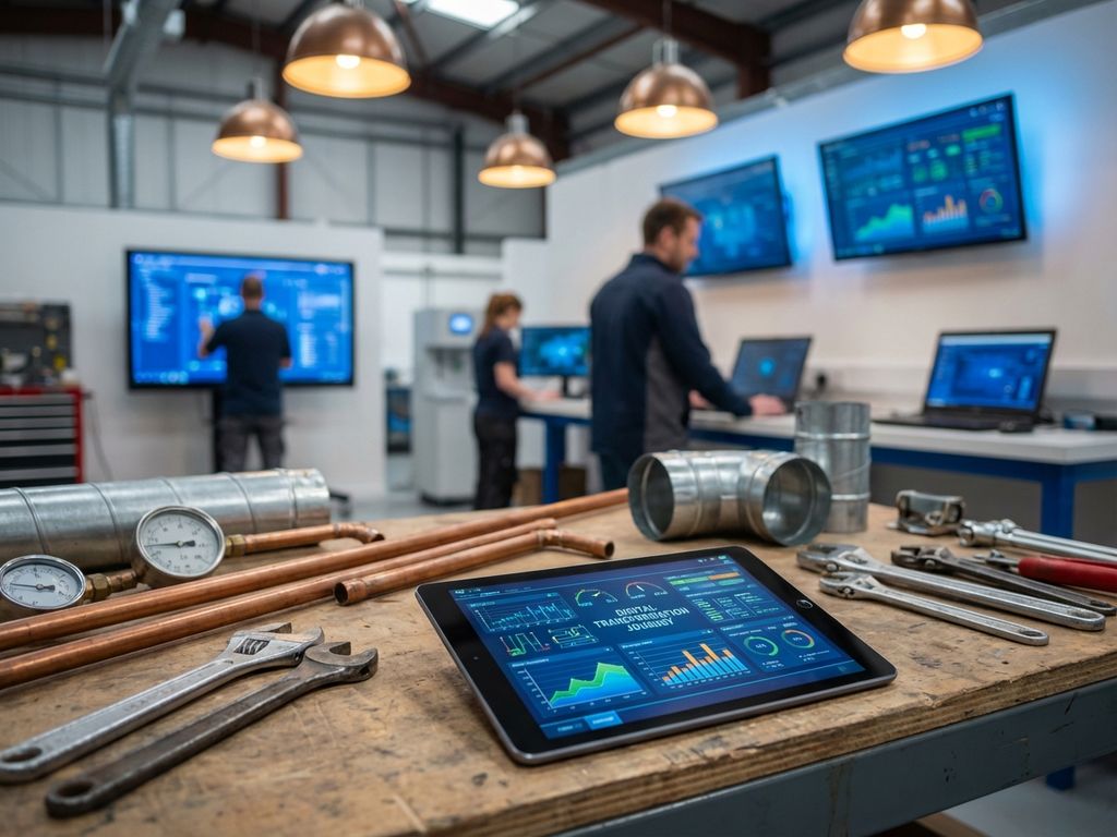 Moderne installatieworkplaats met leidingen, HVAC-onderdelen en tablet met digitale dashboards en blauwdrukken