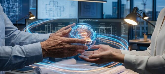 Ervaren ingenieur geeft gloeiende digitale kennisbol door aan jongere collega in modern kantoor met technische blauwdrukken