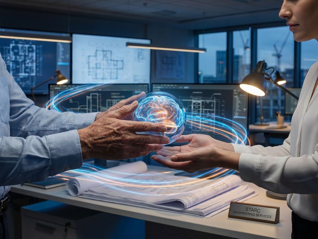 Ervaren ingenieur geeft gloeiende digitale kennisbol door aan jongere collega in modern kantoor met technische blauwdrukken