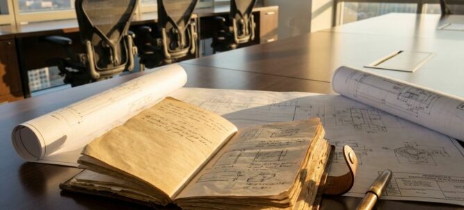 Open leren notitieboek op houten vergadertafel met technische tekeningen en blauwdrukken, vulpen ernaast in kantoor