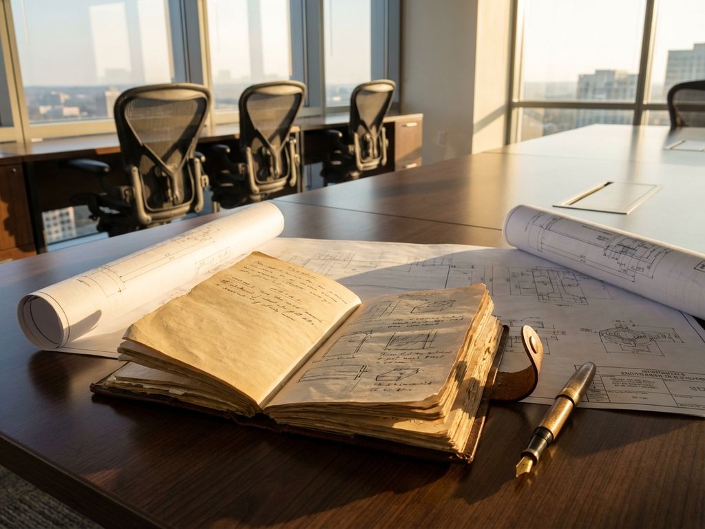 Open leren notitieboek op houten vergadertafel met technische tekeningen en blauwdrukken, vulpen ernaast in kantoor