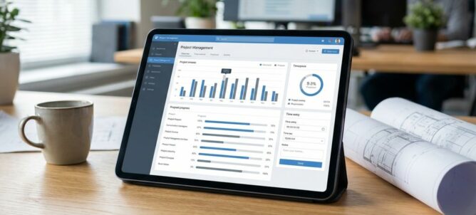 Tablet met project management dashboard op houten bureau in moderne kantooromgeving met blauwdrukken op achtergrond