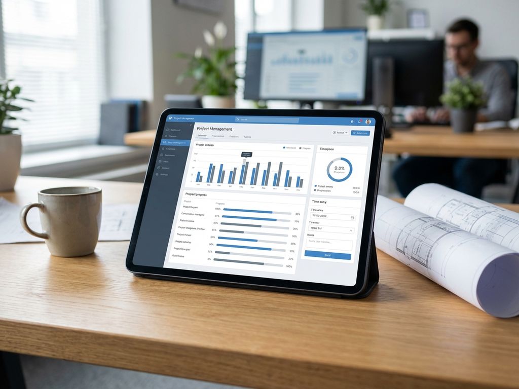 Tablet met project management dashboard op houten bureau in moderne kantooromgeving met blauwdrukken op achtergrond