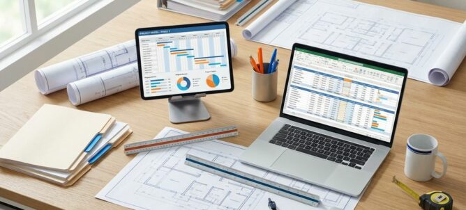 Modern kantoorbureau met projectdocumenten, blauwdrukken, tablet met dashboards en laptop met spreadsheets in natuurlijk licht