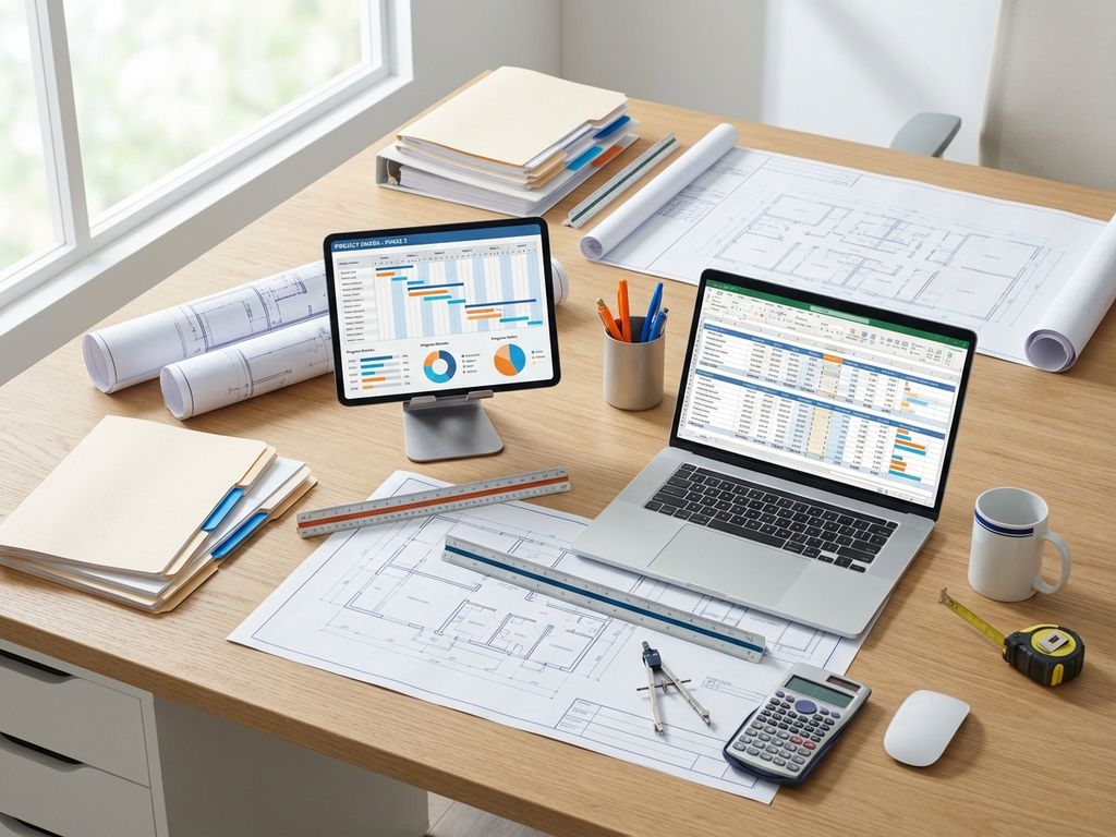 Modern kantoorbureau met projectdocumenten, blauwdrukken, tablet met dashboards en laptop met spreadsheets in natuurlijk licht