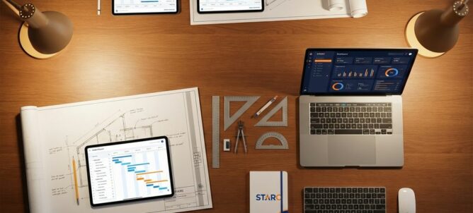 Luchtfoto van modern bureau met tablets met Gantt-grafieken, blauwdrukken, laptop met analytics en projecttools